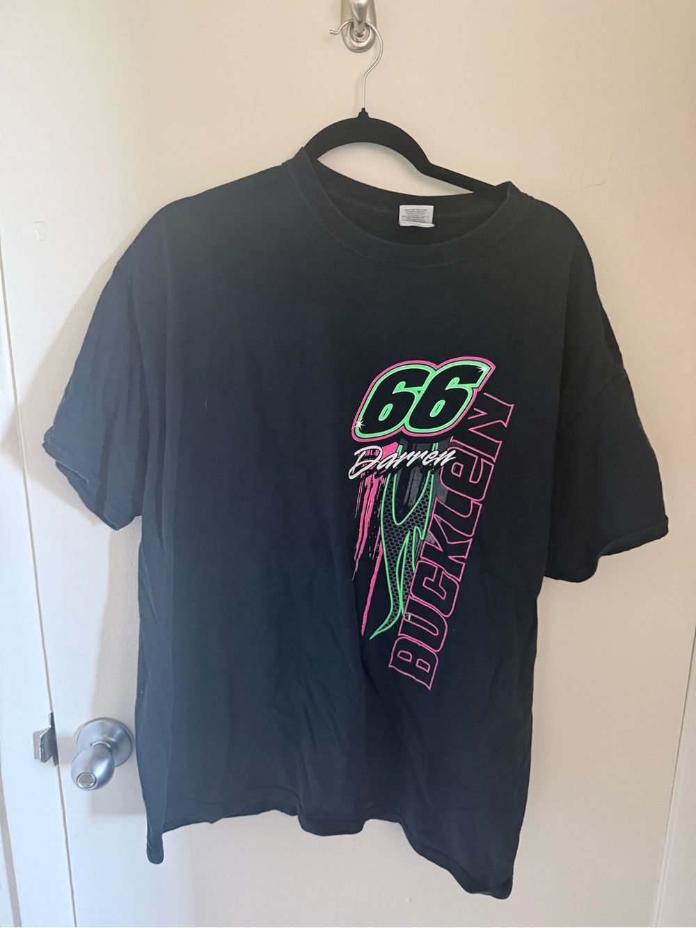 Neon Green & Pink '66 Bucklen' Graphic Black Short-Sleeve Tee with